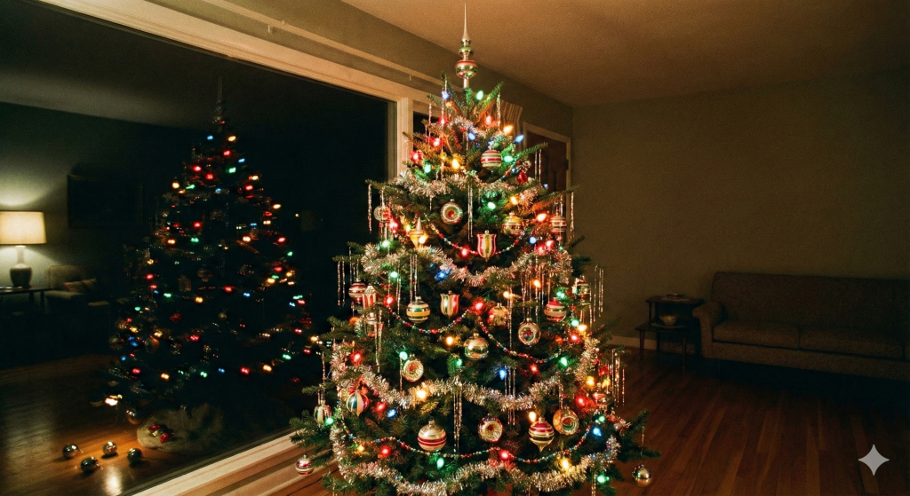 Vintage Christmas tree decorated with bright multicolored lights, tinsel garlands, and ornaments, reflected in a window in a cozy living room—nostalgic holiday decor.