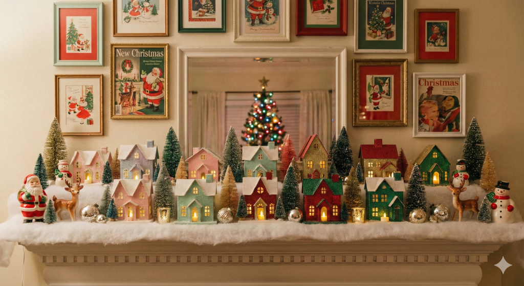 Vintage Christmas village display on a snow-covered mantel with pastel miniature houses, trees, and festive figurines (Santa, reindeer, snowman) illuminated by warm lights, underneath a gallery wall of retro holiday prints and a mirror reflecting a glowing Christmas tree.