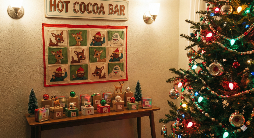 Cozy Christmas nook with a vintage Rudolph advent calendar quilt, a “Hot Cocoa Bar” sign, and a wooden table displaying numbered advent boxes, tiny reindeer figurines, and miniature Christmas trees beside a brightly lit, ornamented Christmas tree.