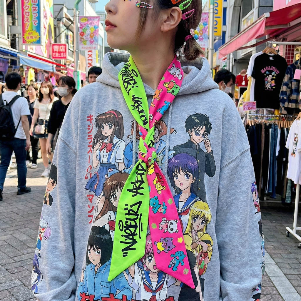 Girl in anime hoodie with neon layered scarves in Harajuku.