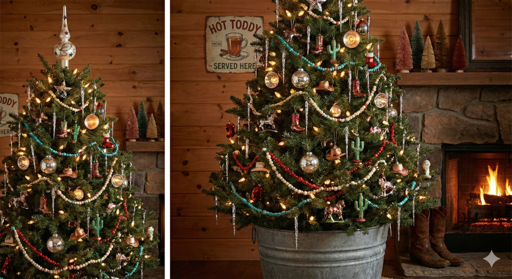 Rustic Western-style Christmas tree in a galvanized tub inside a log cabin, decorated with vintage ornaments, bead garlands, icicles, and warm string lights beside a stone fireplace.