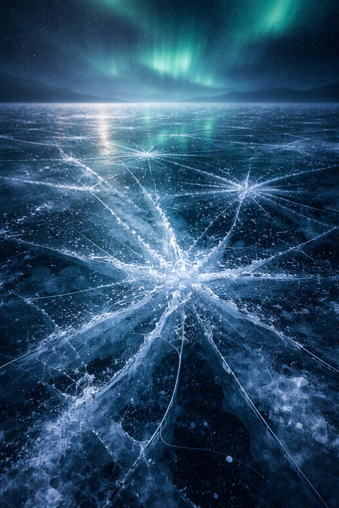 Deep blue cracked ice under aurora borealis and stars.