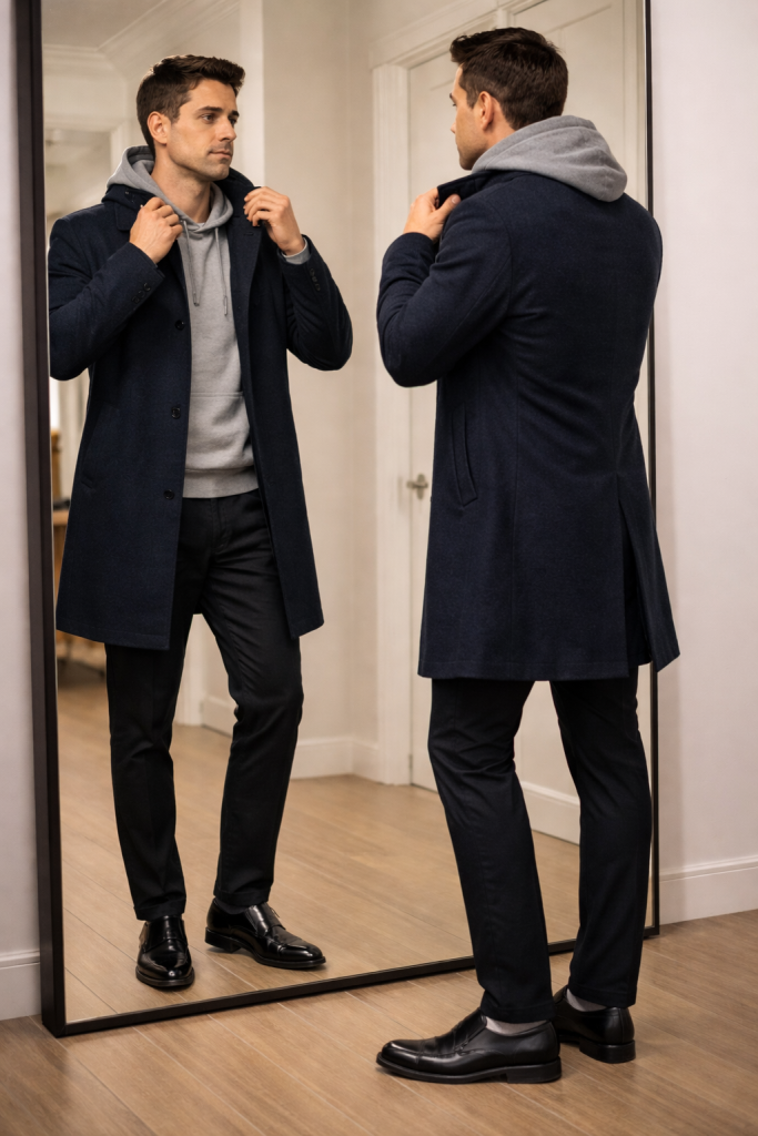 Men's navy wool blend hooded trench coat, office attire.