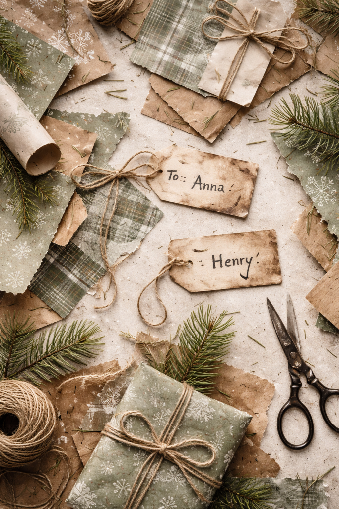 Christmas gift wrapping flat lay with tags "To Anna" and "To Henry"