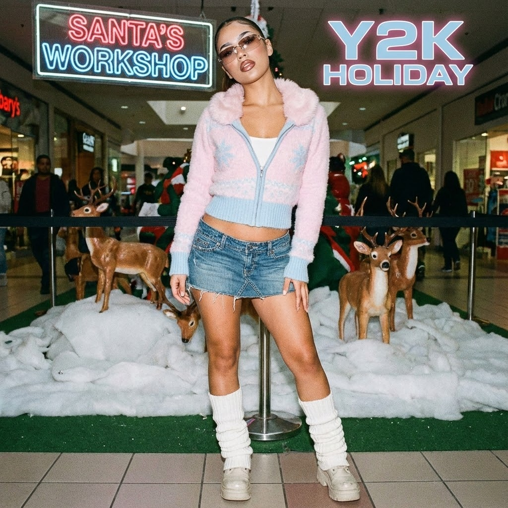 Y2K Christmas sweater outfit at Santa's Workshop