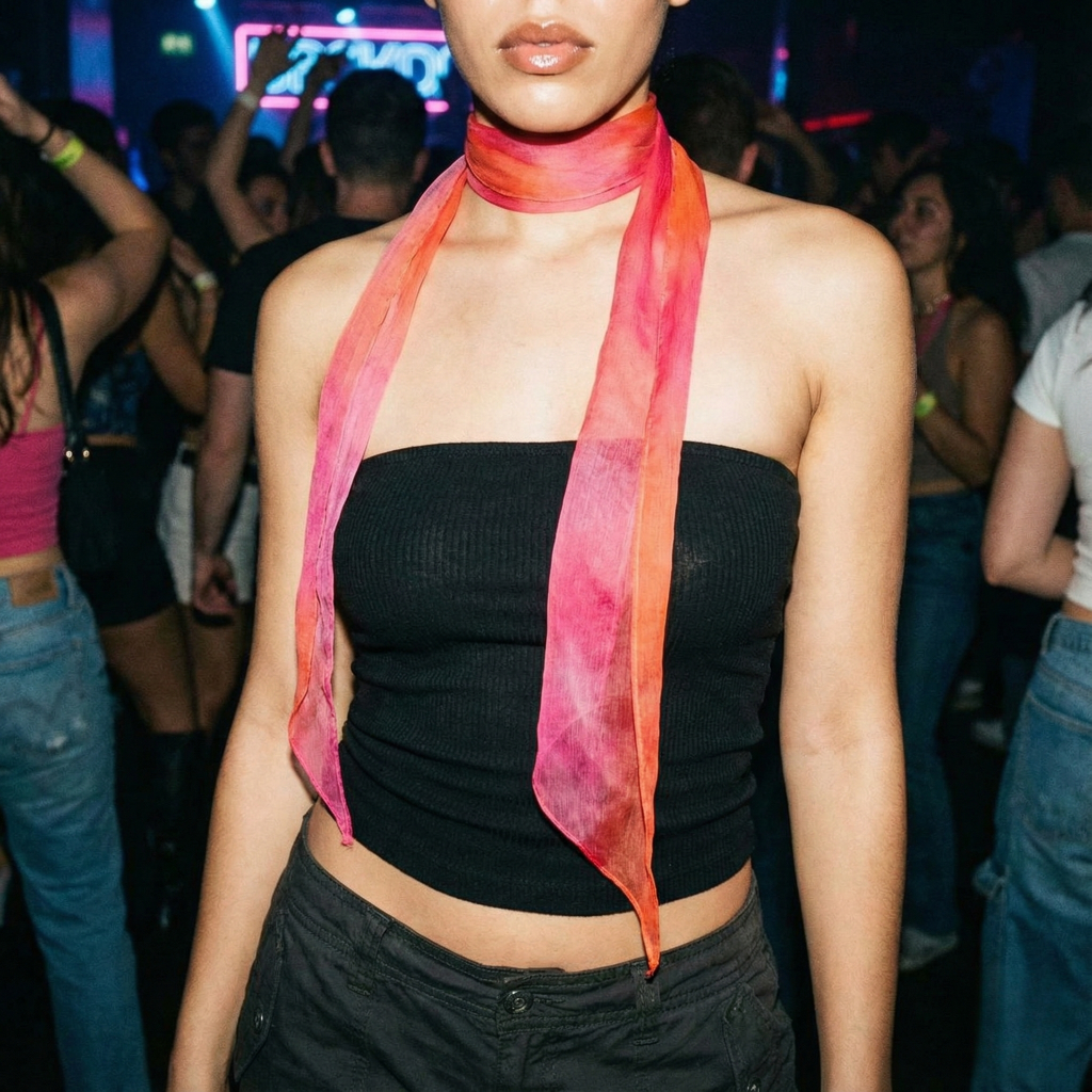y2k skinny scarf hot pink orange, worn with black tube top