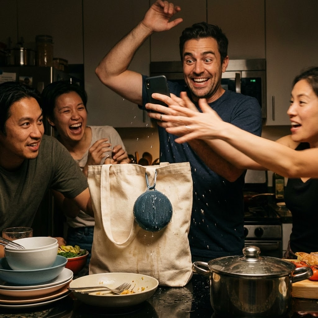 Friends playing Dirty Santa steal game with waterproof Bluetooth speaker.