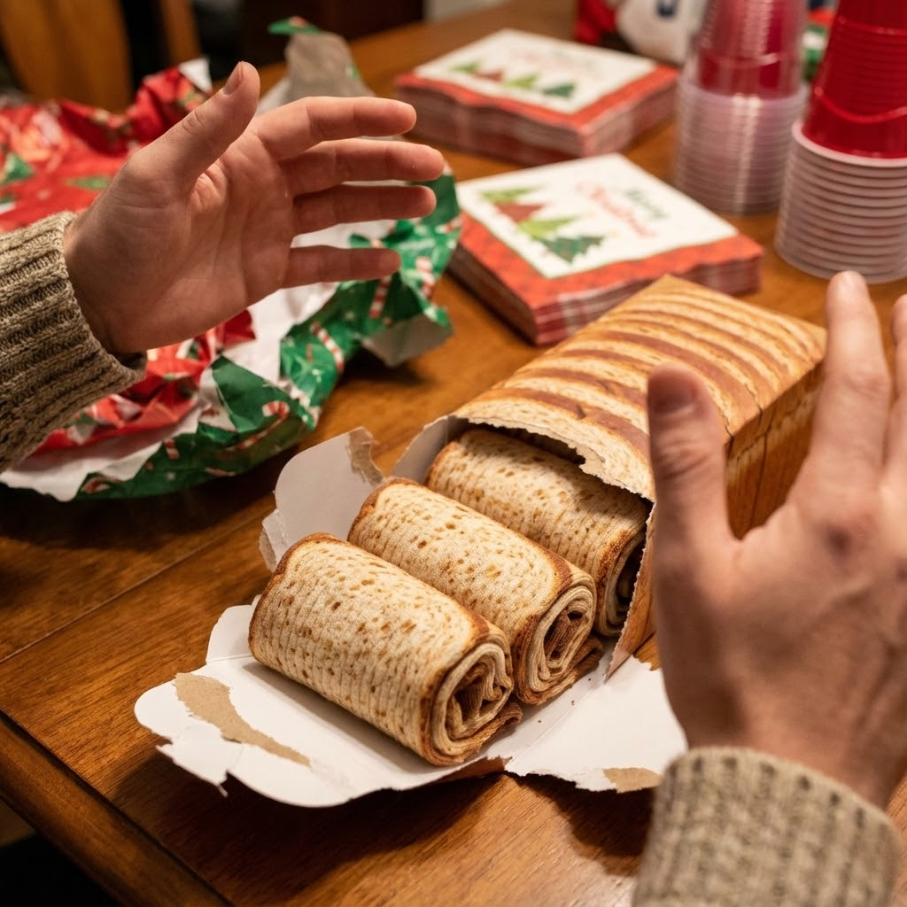 Dirty Santa gift reveal: bread-patterned socks in bread packaging.