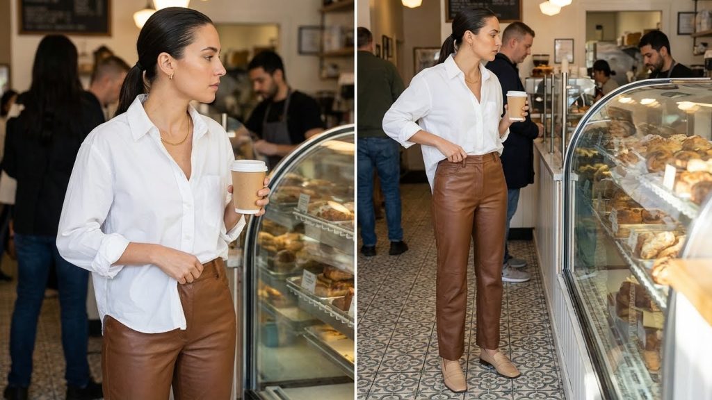 Woman in brown leather pants and white shirt holding coffee in bakery.