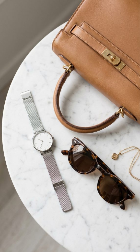 Casual chic style accessories: brown leather handbag, silver watch, tortoiseshell sunglasses, and gold necklace on marble.