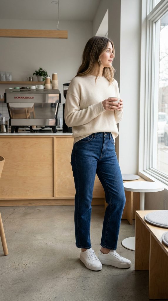Woman in cream sweater, dark wash jeans, and white sneakers holding coffee in a cafe.
