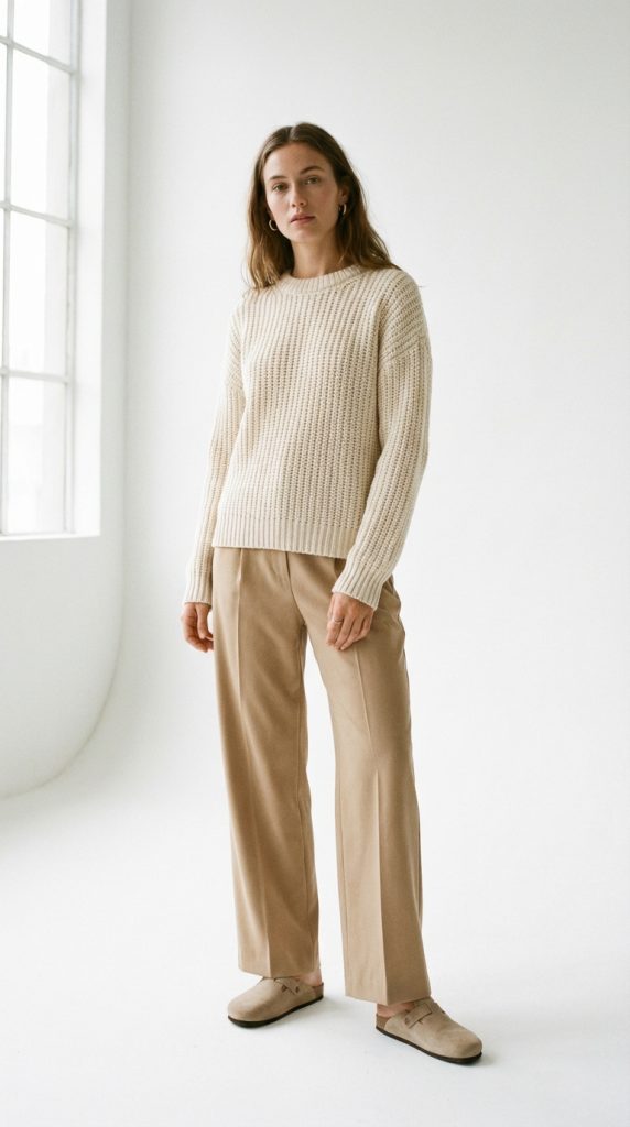 Casual chic monochromatic beige outfit: woman in ribbed sweater, wide-leg trousers, and suede mules.