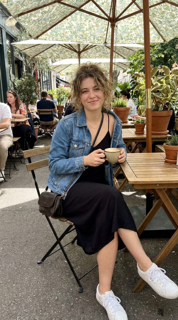 Woman in a black slip dress and denim jacket at outdoor cafe.