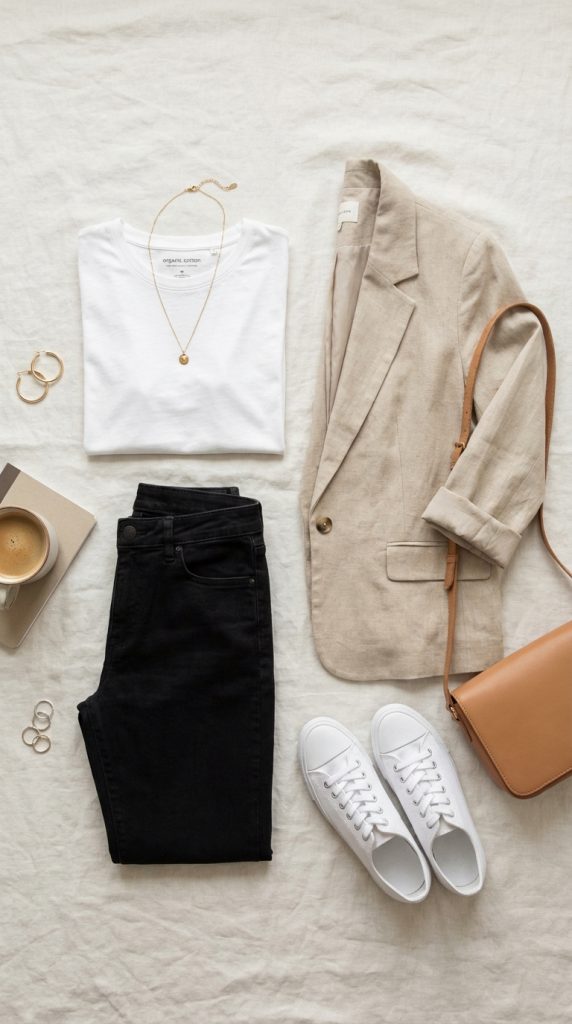 Casual chic capsule wardrobe essentials flatlay with white tee, black jeans, beige blazer, white sneakers, tan bag, and accessories.