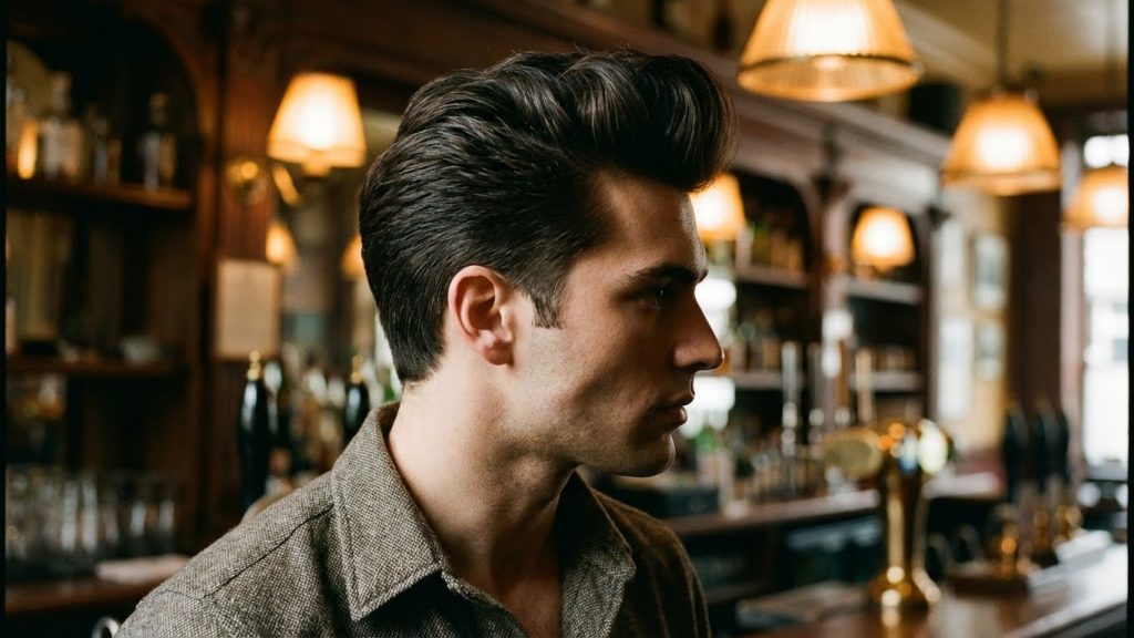 Medium length classic quiff hairstyle on a man, profile view