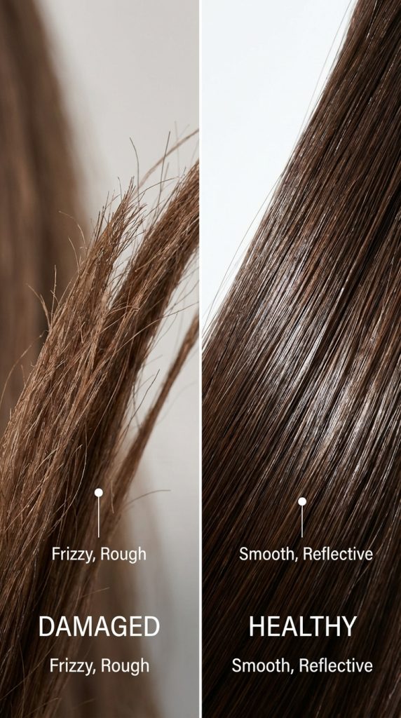 Comparison of frizzy, rough, damaged hair cuticle vs. smooth, reflective, healthy hair cuticle.