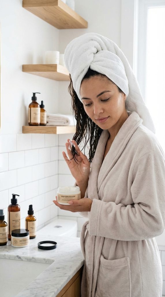 Woman in bathrobe applying deep conditioning hair mask.