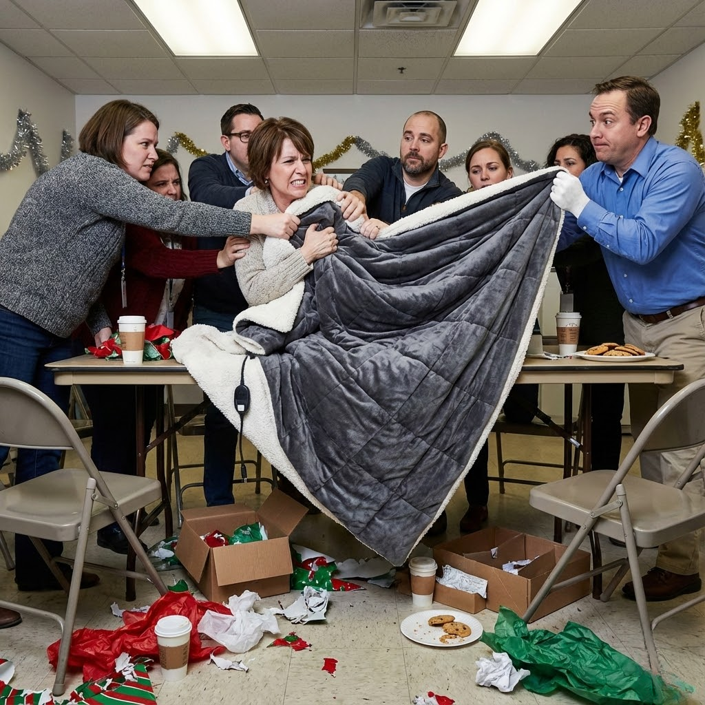 People fighting over a heated blanket at a Dirty Santa office party.