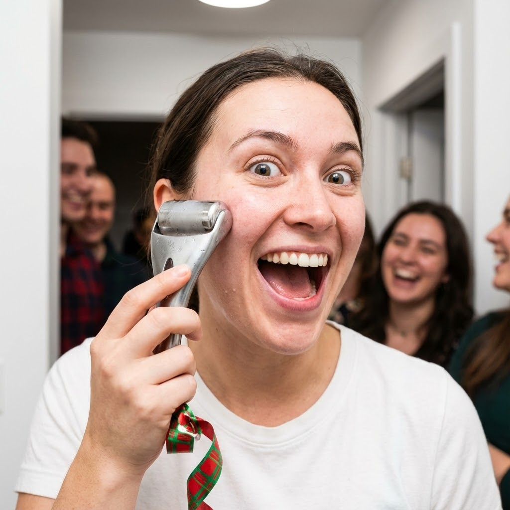 Woman happily using a facial ice roller, surrounded by laughing friends