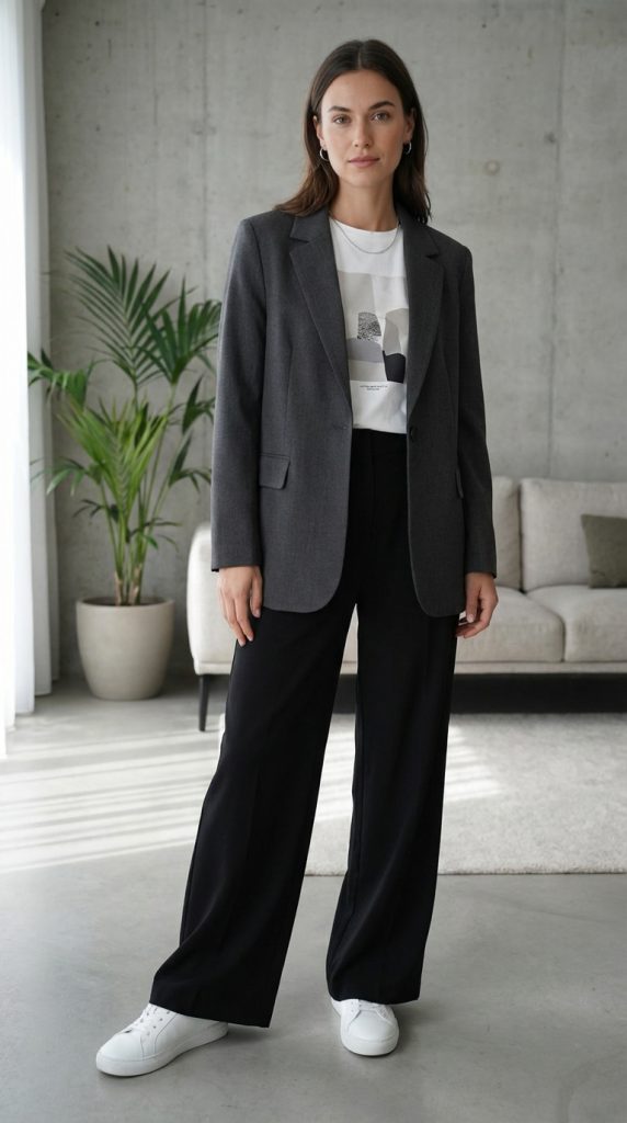 Woman in graphic tee, blazer, black trousers, and white sneakers.