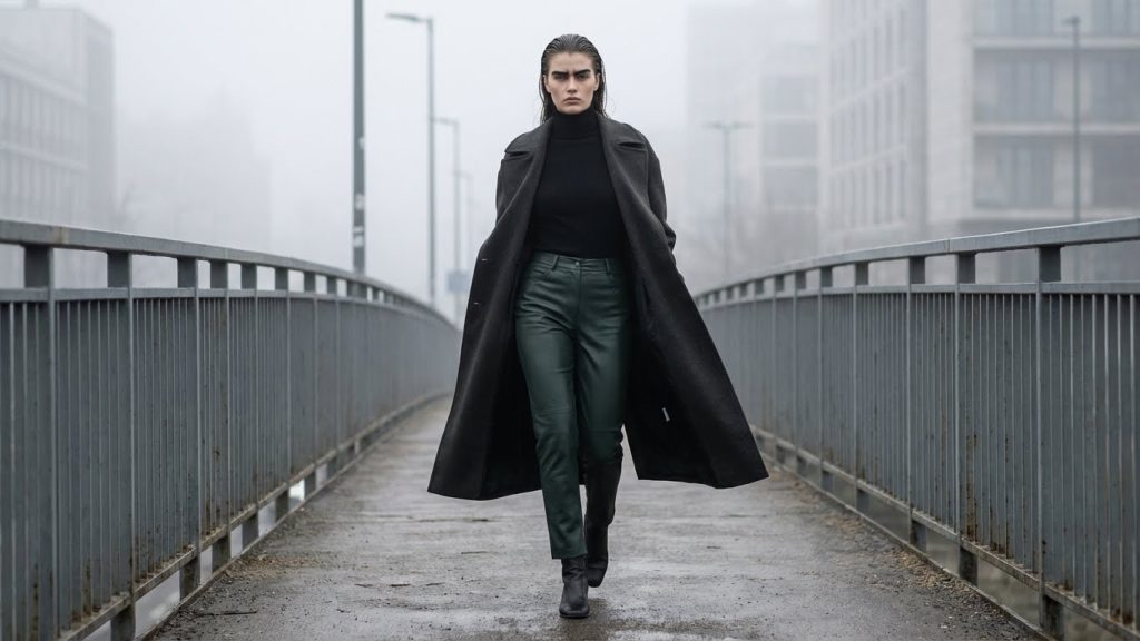 Woman in green leather pants, black turtleneck, and long trench coat on a city bridge.
