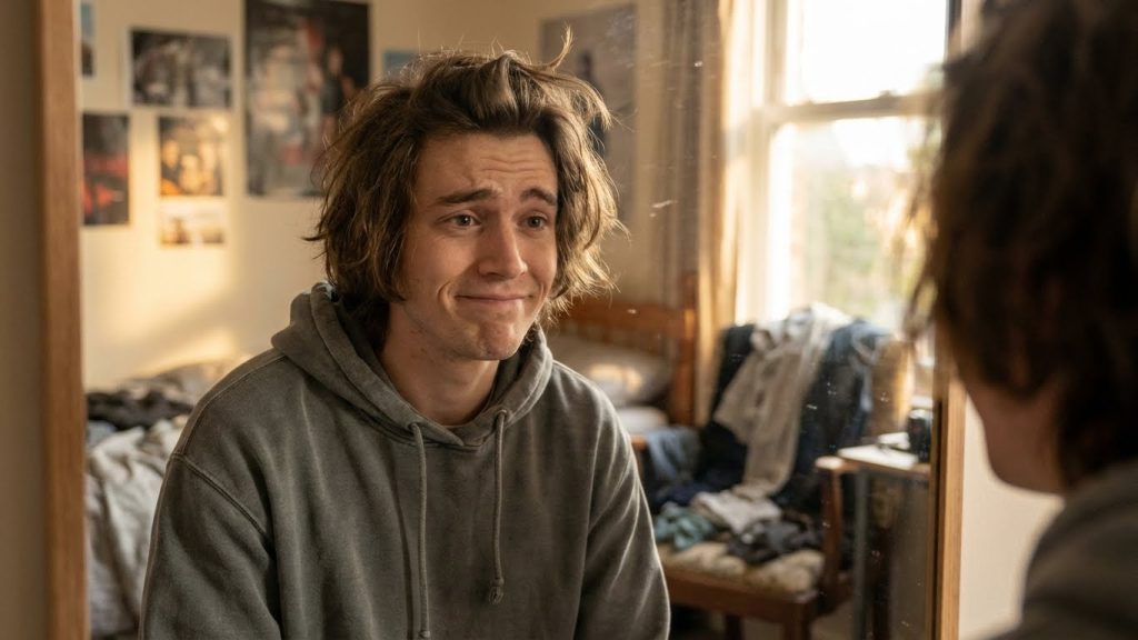 Young man with messy medium-length hair smiling into mirror
