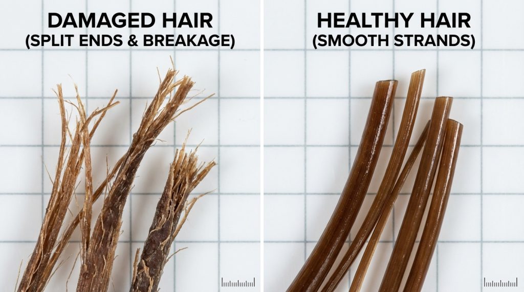 Damaged hair with split ends and breakage vs. healthy hair with smooth strands.