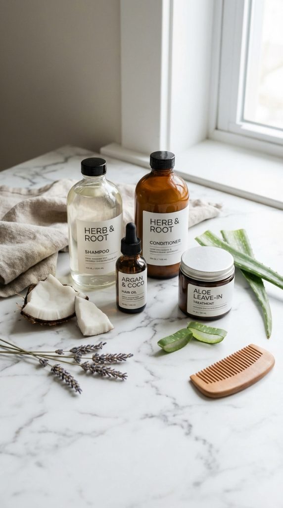 Natural hair care products: Herb & Root shampoo, conditioner, Argan & Coco hair oil, Aloe Leave-In cream, with fresh ingredients.