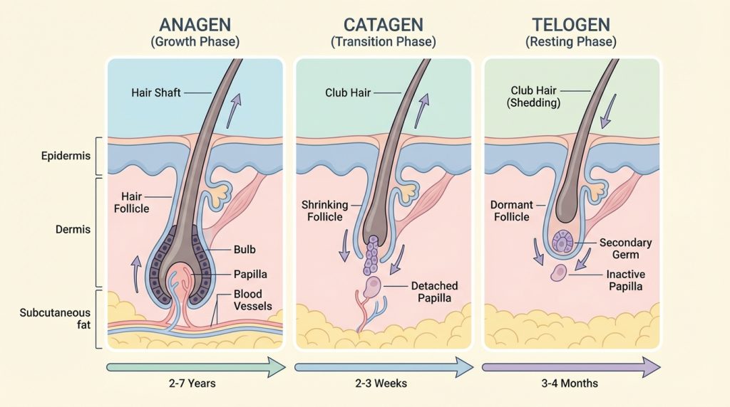 Hair growth cycle diagram showing anagen, catagen, and telogen phases of a healthy follicle.