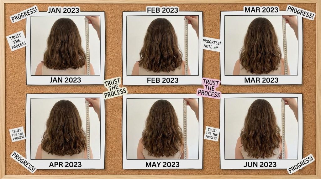 Hair growth progress photos from January to June 2023, showing hair length increase.