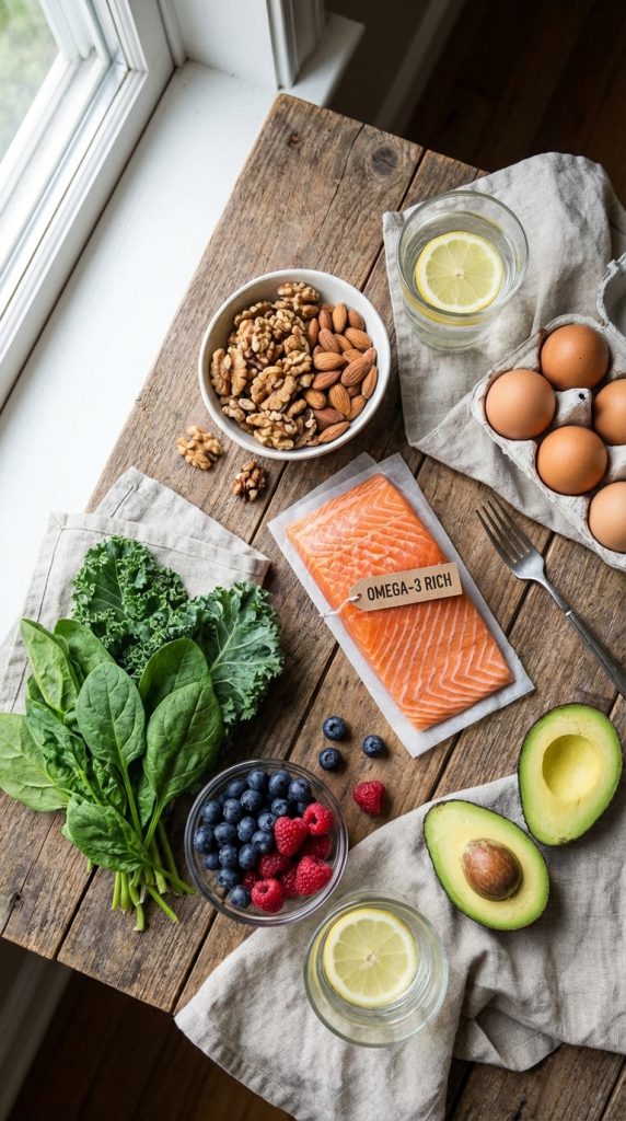 Healthy hair growth foods: salmon, spinach, kale, avocado, berries, nuts, eggs, and lemon water on a wooden table.