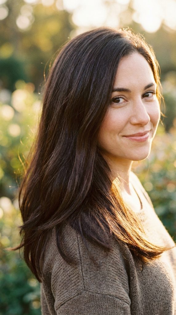 Woman with long, shiny, natural dark brown hair smiling outdoors.