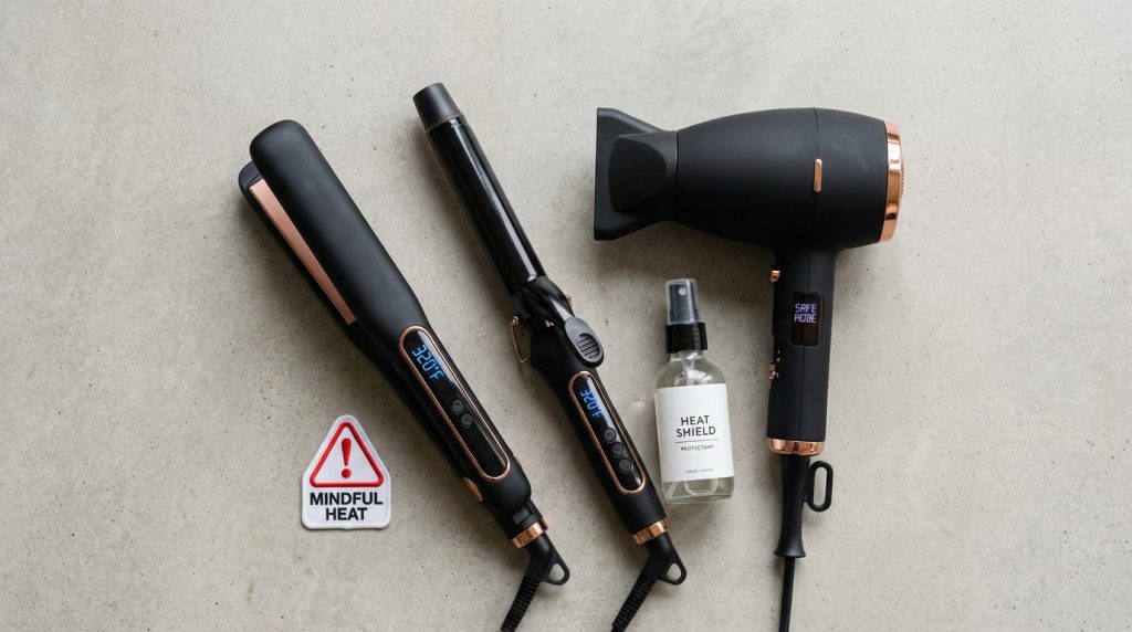 Black flat iron, curling iron, and hairdryer with rose gold accents, heat protectant spray, and "Mindful Heat" warning.