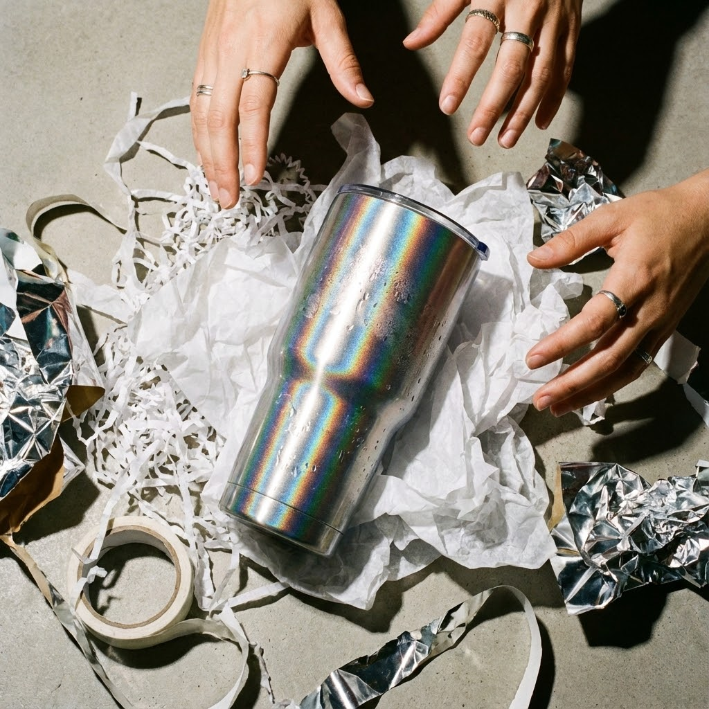 Holographic tumbler being unwrapped for Dirty Santa.