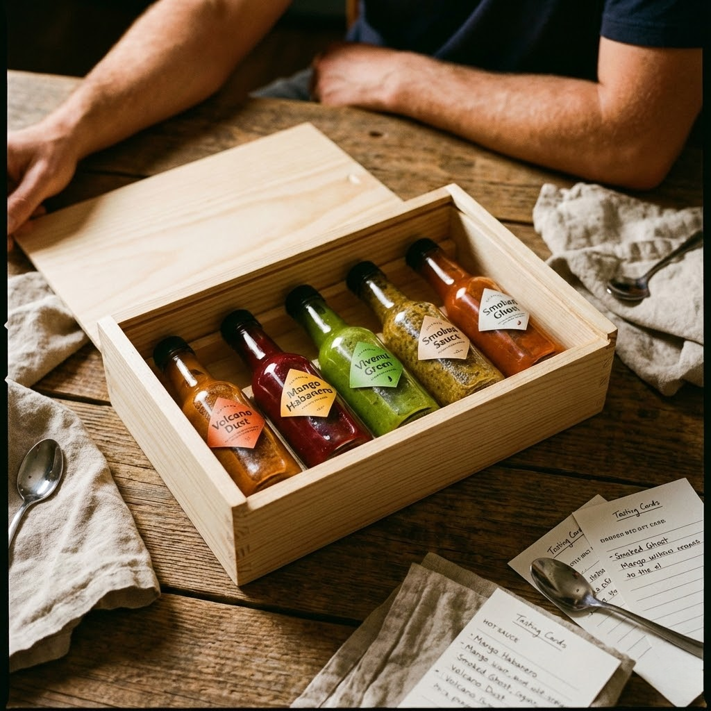 Wooden gift box with five gourmet hot sauce bottles on a rustic wooden table, perfect for Dirty Santa.