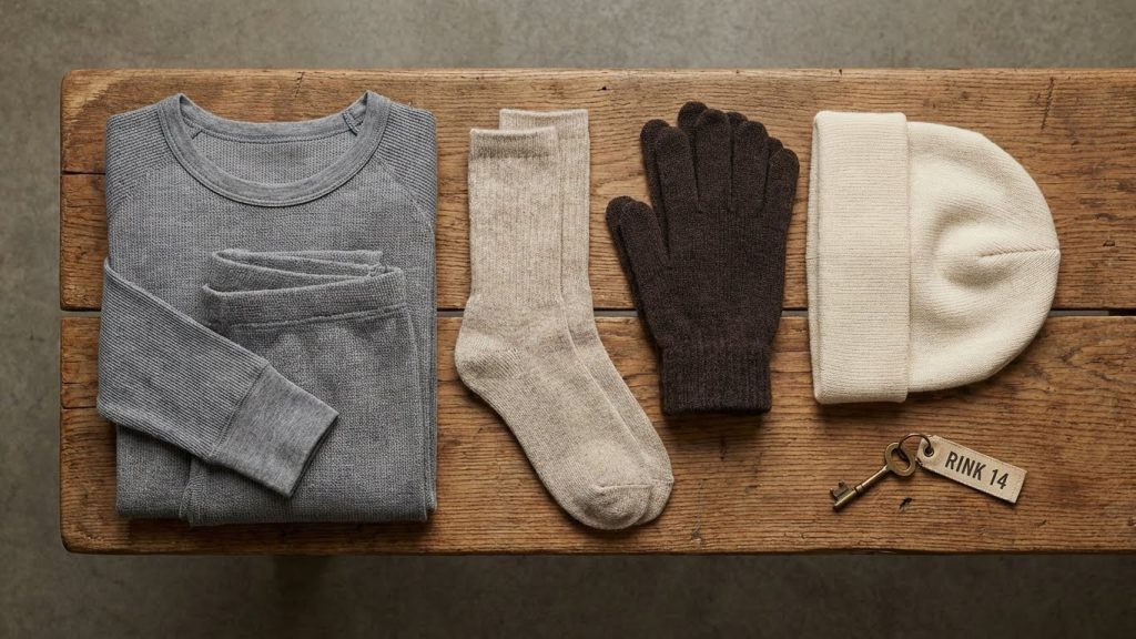 Neutral-toned ice skating base layer clothes flat lay with thermal shirt, pants, socks, gloves, and beanie.