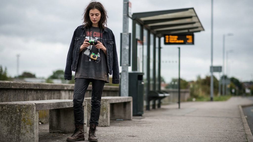 Woman in leather pants, denim jacket, and band t-shirt with camera at bus stop.