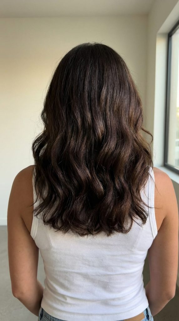 Woman with long, wavy brown hair, healthy growth.