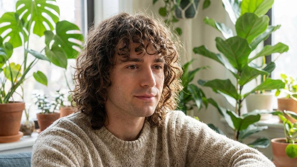 Man with medium length curly hair in natural setting