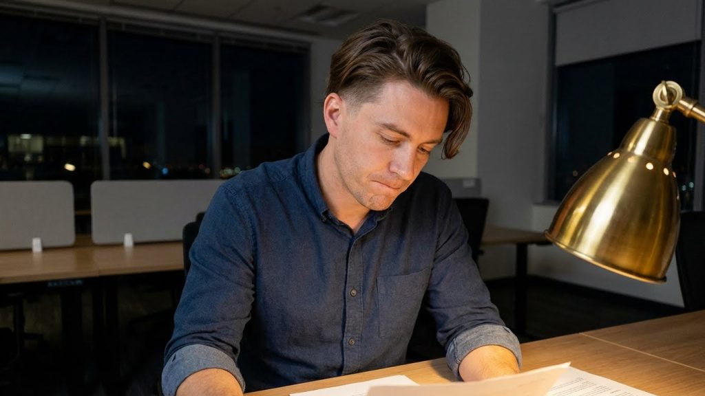 Man with medium-length side-swept hair in an office at night
