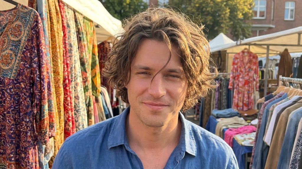 Smiling man with messy textured medium hair at outdoor market.