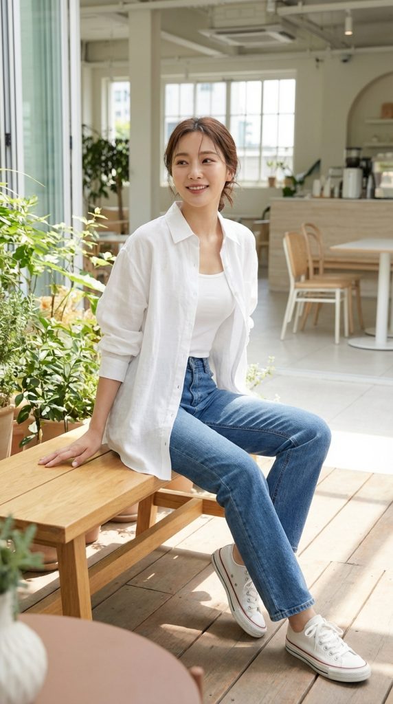 Woman in a white shirt, jeans, and sneakers sitting casually on a bench.