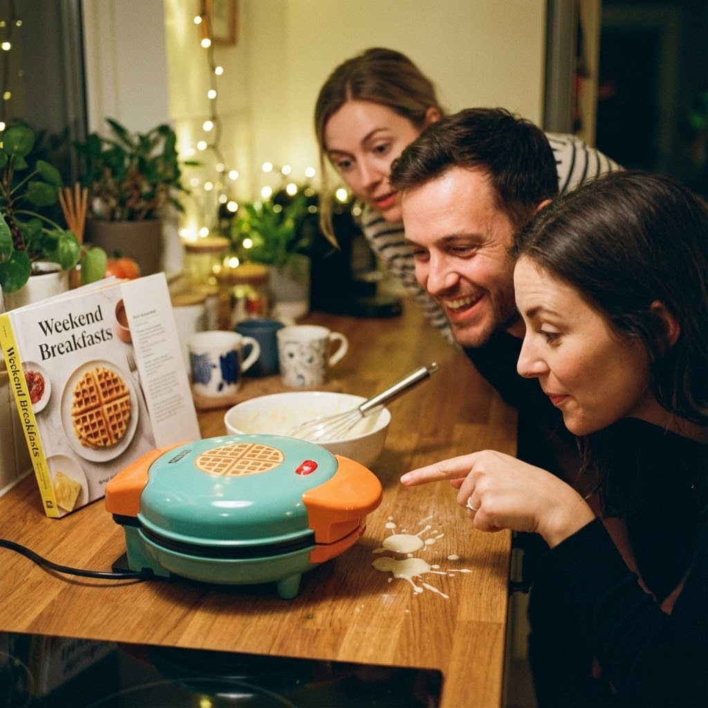 Friends making waffles with mini waffle maker, laughing at spilled batter.