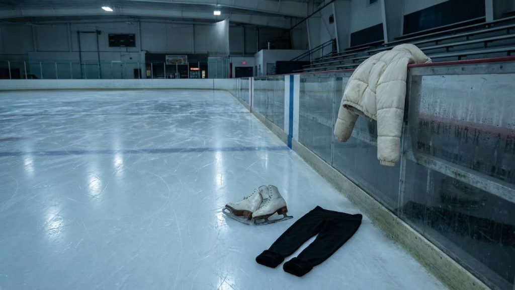 Minimalist ice skating outfit flatlay on rink: white skates, black leggings, cream puff jacket.