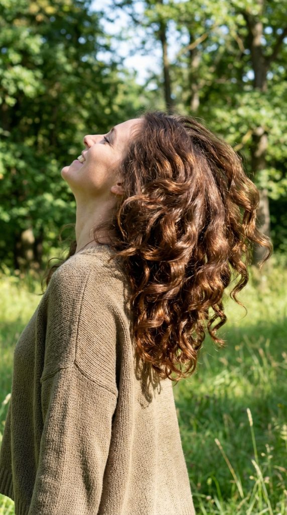 Woman with bouncy natural curly hair in nature.