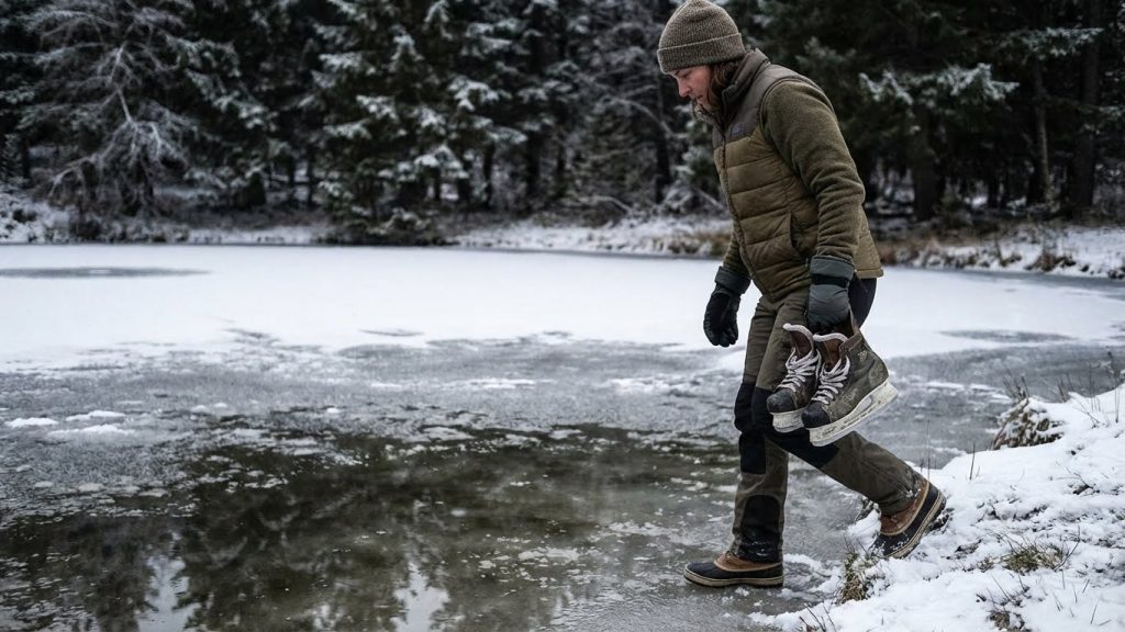 Man in winter outfit carrying ice skates by natural pond