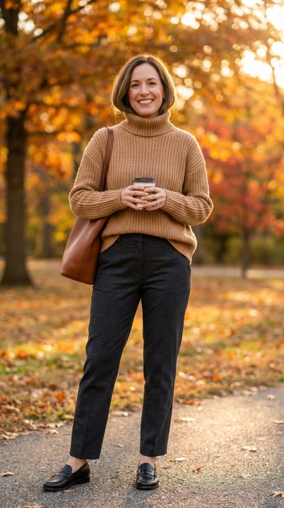 Woman in a camel turtleneck sweater, tailored gray pants, and black loafers holding coffee in a fall park.
