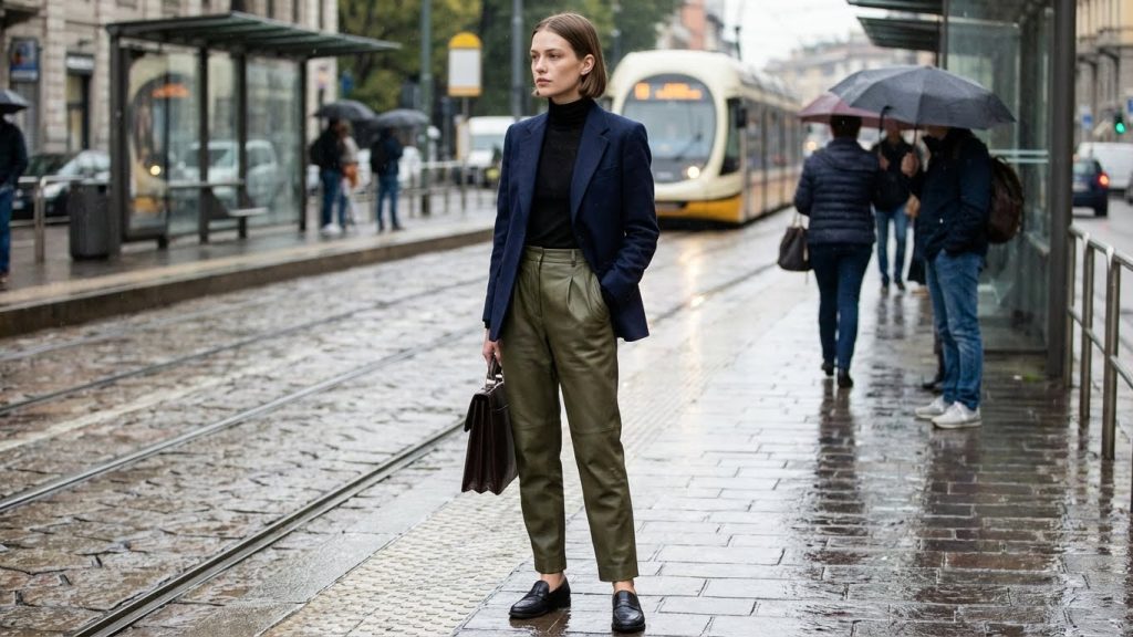Woman in olive leather pants, black turtleneck, and navy blazer on a wet city street.