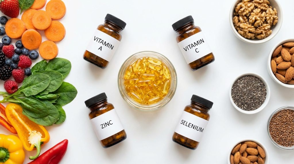 Omega-3, vitamins, minerals, and food for hair health and diet.