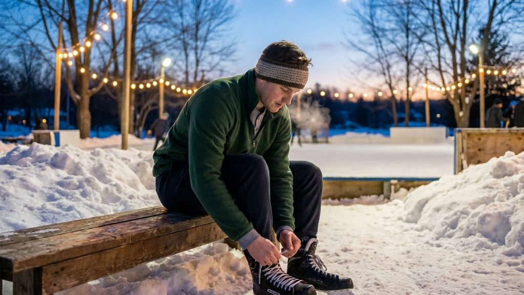 Man in green quarter-zip and joggers tying ice skates at an outdoor rink.